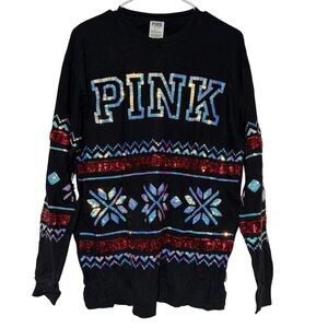 Pink VS Black‎ Sequin Holiday Long Sleeve Tee Size S Oversized Christmas Festive